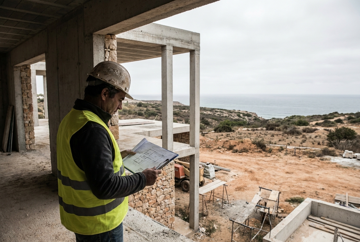 Luxury villa construction underway on a Western Algarve hillside site by Viridis Development Partners